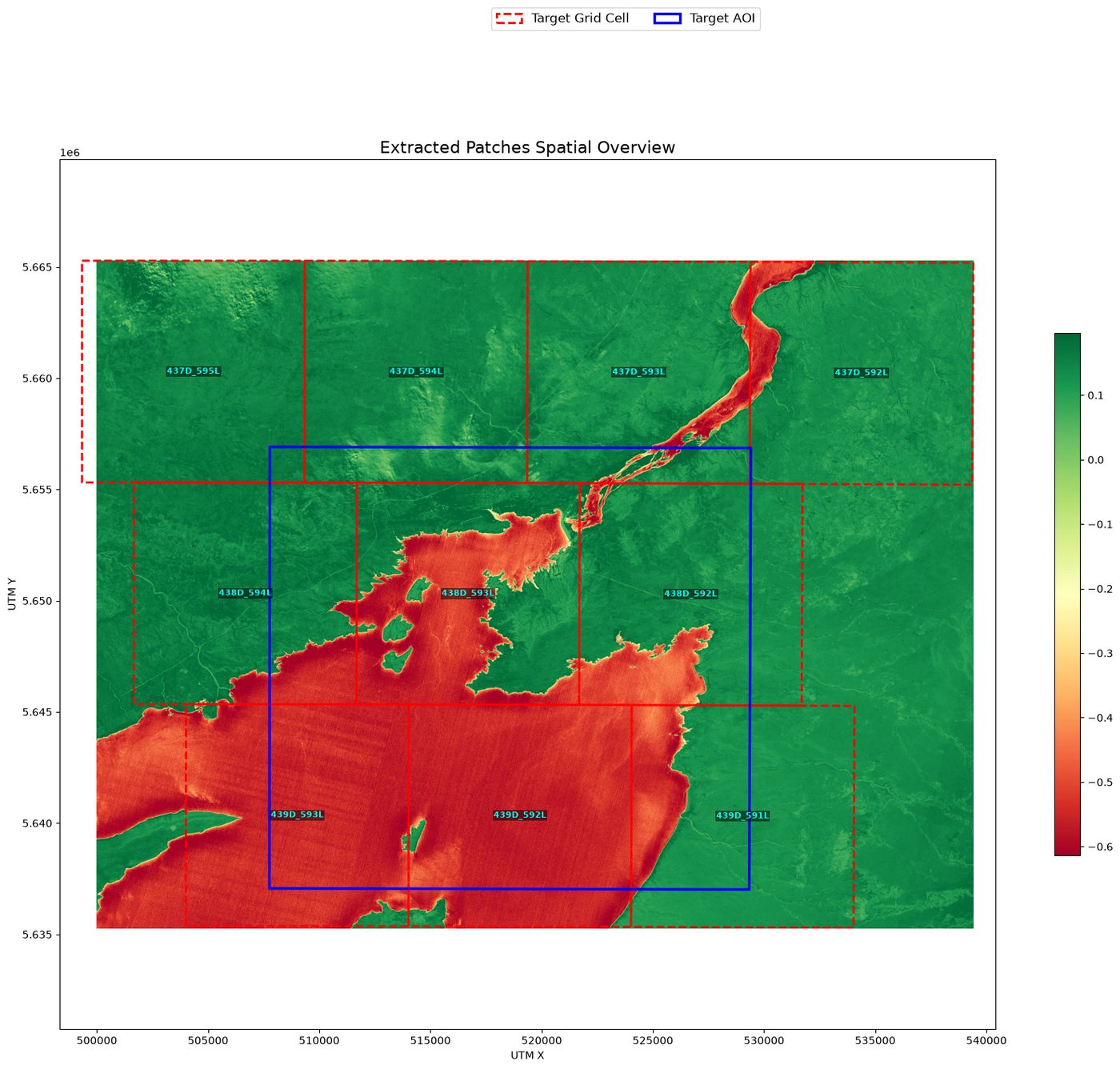 Parches de NDVI de Sentinel-2 sobre el embalse El Chocón con grilla de extracción