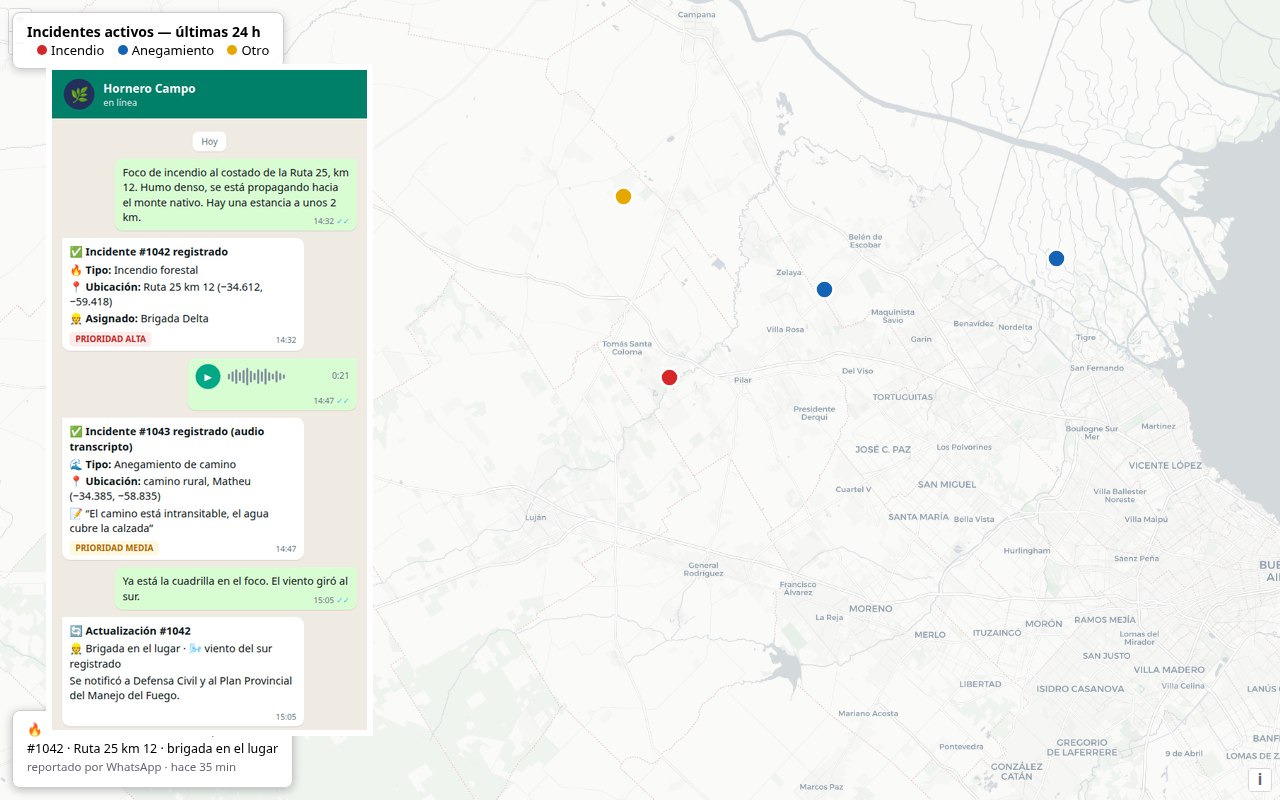 Chat de WhatsApp con reportes de incidentes superpuesto al mapa donde aparecen geolocalizados