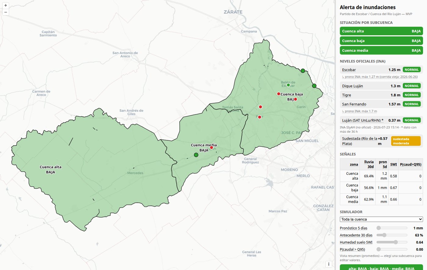Tablero de alerta de inundaciones con mapa por subcuencas y niveles oficiales del INA