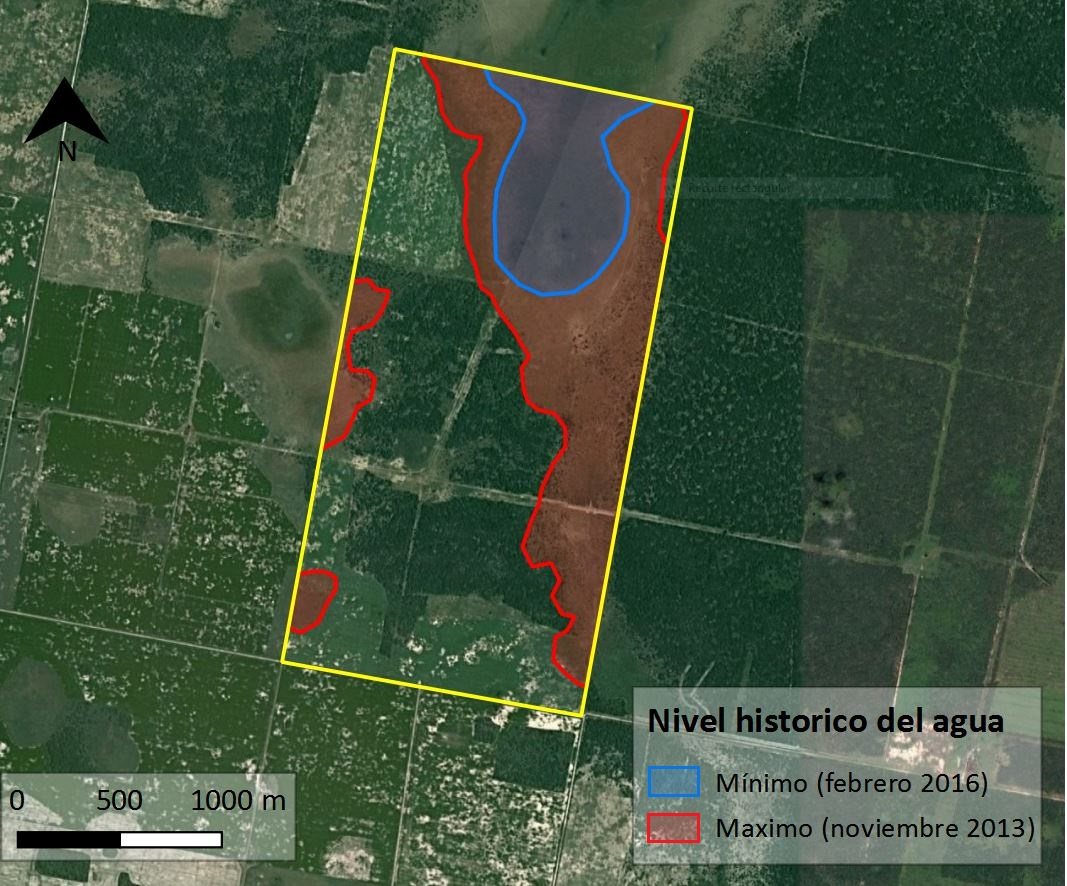Mapa de una estancia con la extensión máxima y mínima histórica del anegamiento